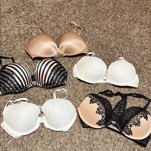 Lot of Victoria's Secret Lace and Satin Bra Collection - Black, White, Tan